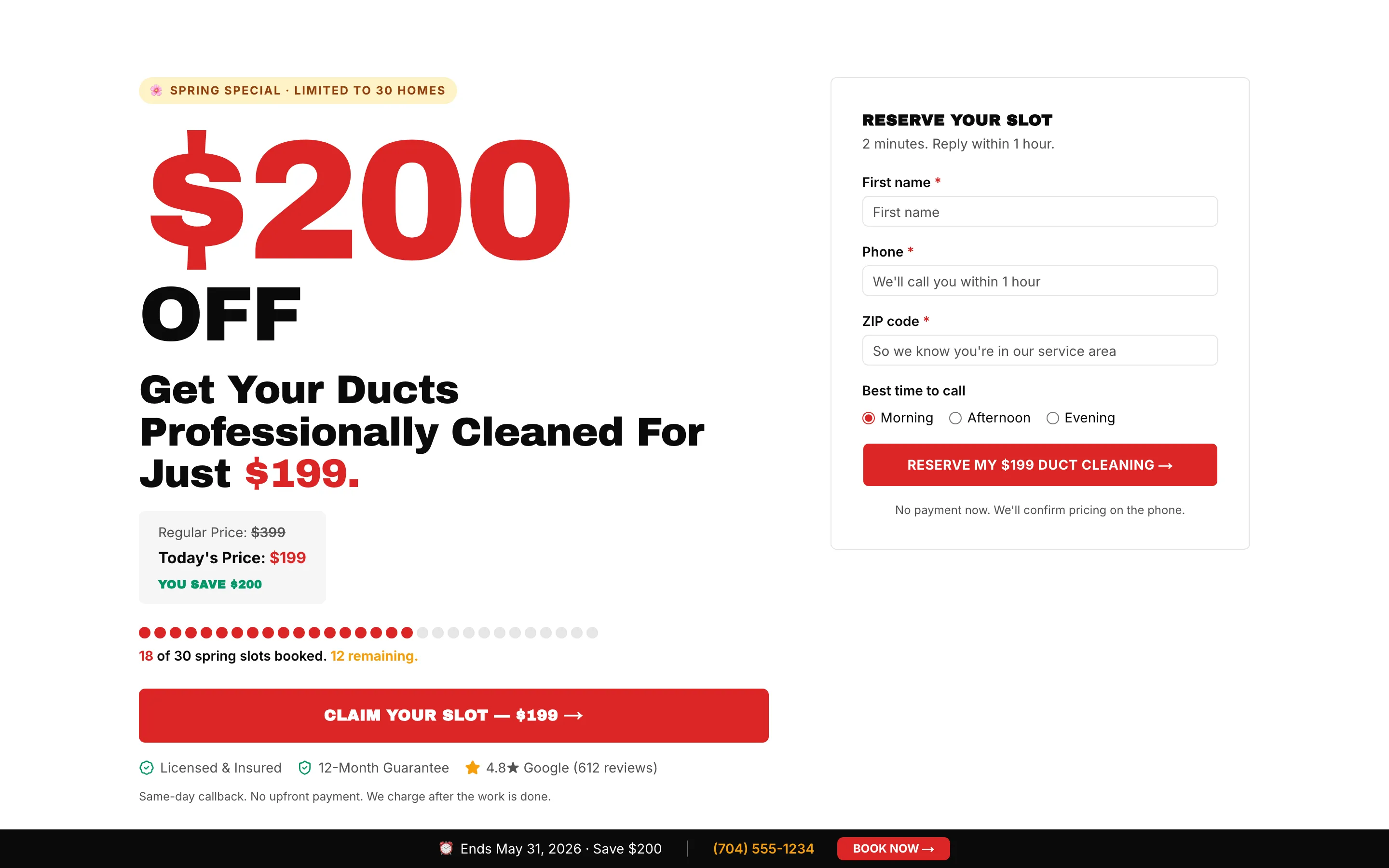Desktop screenshot of the AirFresh HVAC reference build homepage with a spring service special