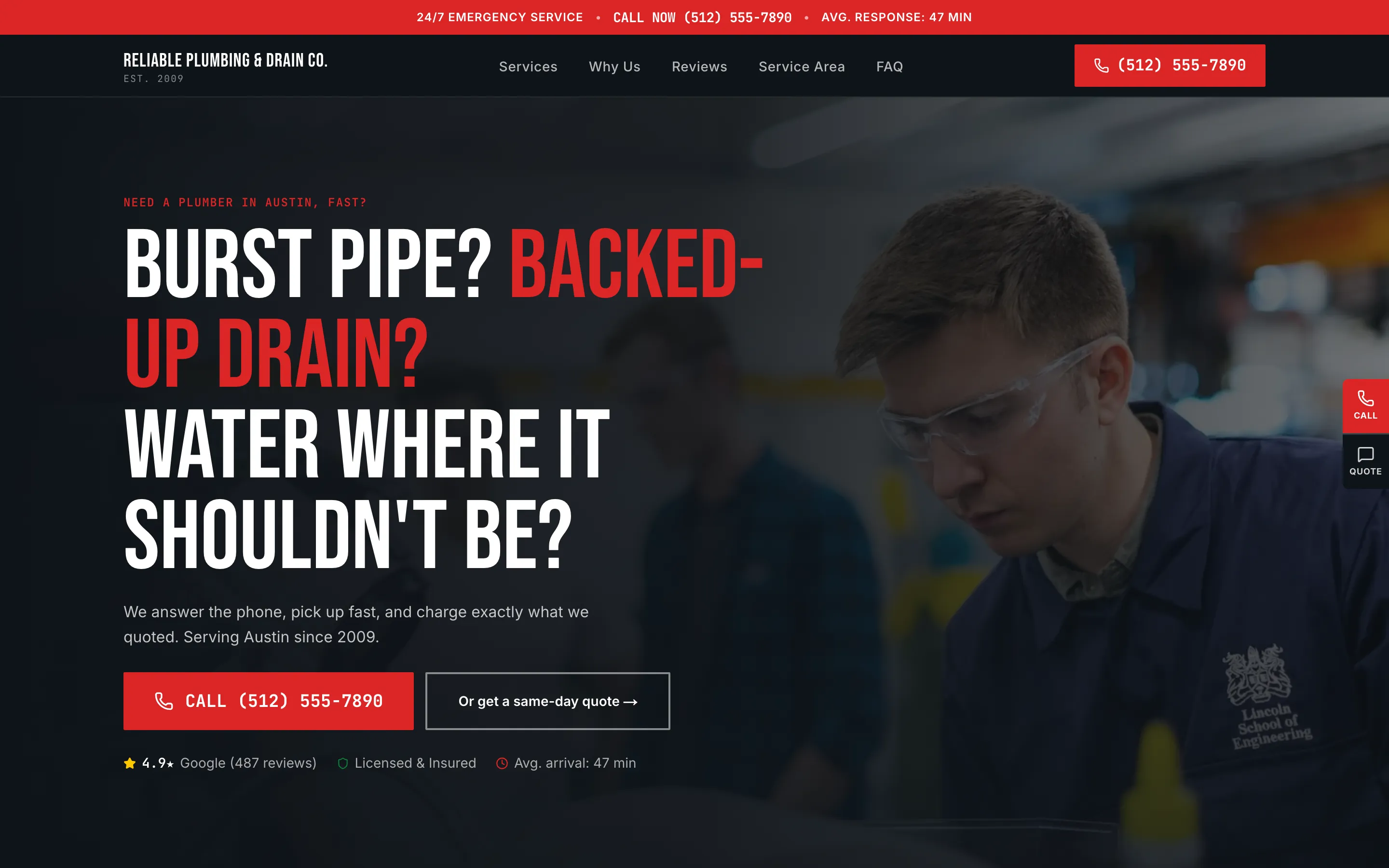 Desktop screenshot of the Reliable Plumbing and Drain Co. reference build homepage with a call now banner